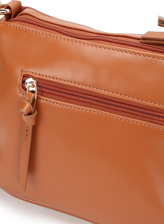 Fastrack Tan Sling Bag for Women | Minimal Faux Leather Crossbody with 2 Zippered Compartments & Quick-Access Pocket | Adjustable Strap Sling for Everyday Outings & College - Image 4